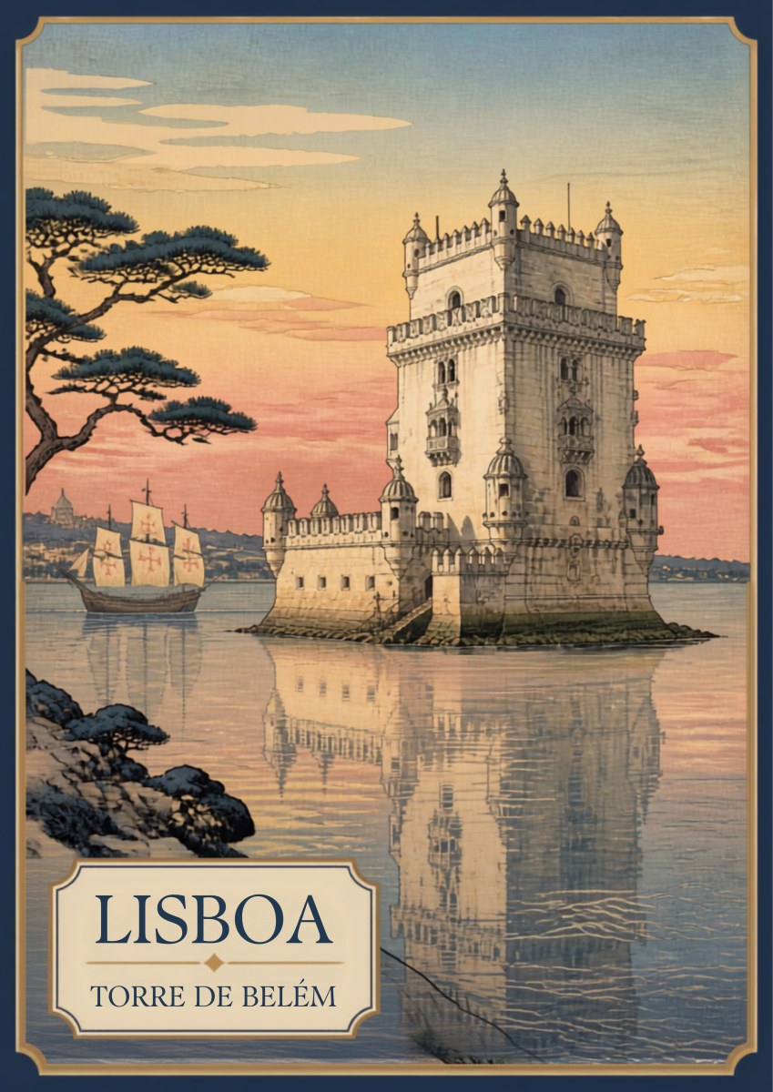 Torre de Belem — Lisbon art print: a serene woodblock-style poster of the Belem Tower standing in still water under a pink and pale blue sky, its pale stone reflected below, with a pine branch framing the left edge and sailing ships on the horizon