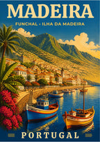 Baia do Funchal — Madeira art print: a classic travel poster of Funchal harbour, with painted fishing boats moored along a stone quay, red-roofed houses climbing the green hillside, palms and red blossom in the foreground