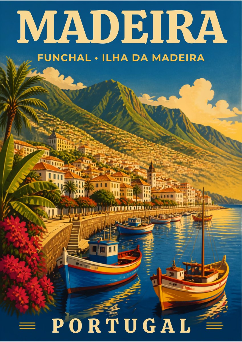 Baia do Funchal — Madeira art print: a classic travel poster of Funchal harbour, with painted fishing boats moored along a stone quay, red-roofed houses climbing the green hillside, palms and red blossom in the foreground