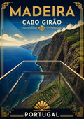 Cabo Girao — Madeira art print: an art deco poster looking out from the glass-floored Cabo Girao skywalk, with sheer cliffs plunging to terraced fields and deep blue ocean stretching to the horizon