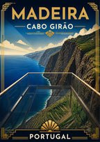 Cabo Girao — Madeira art print: an art deco poster looking out from the glass-floored Cabo Girao skywalk, with sheer cliffs plunging to terraced fields and deep blue ocean stretching to the horizon