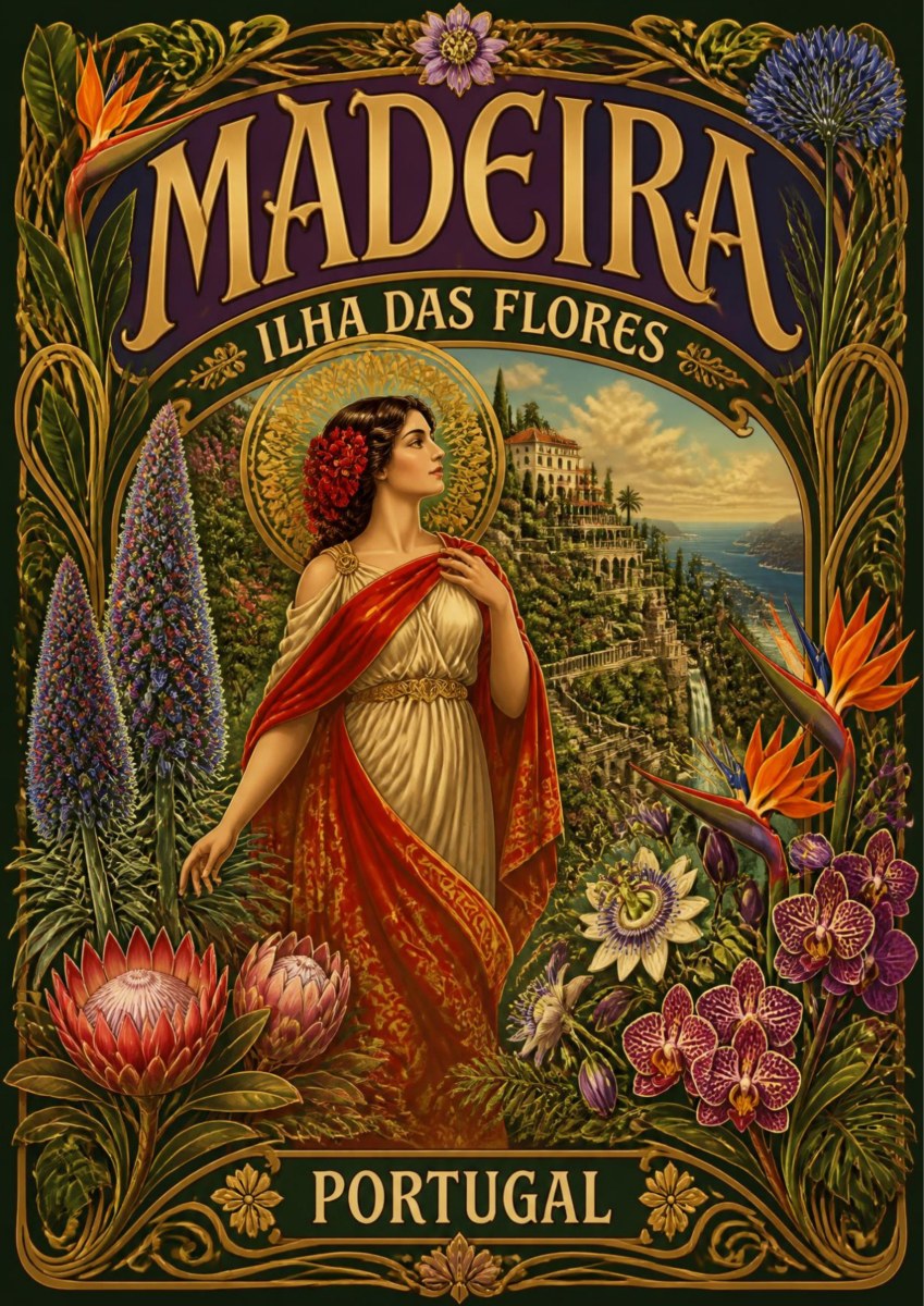 Flor da Ilha — Madeira art print: an art nouveau poster of a woman in a red and cream drape surrounded by proteas, orchids, echium spires and birds of paradise, with a terraced coastal village behind, captioned Ilha das Flores
