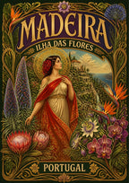 Flor da Ilha — Madeira art print: an art nouveau poster of a woman in a red and cream drape surrounded by proteas, orchids, echium spires and birds of paradise, with a terraced coastal village behind, captioned Ilha das Flores