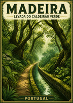 Levada Verde — Madeira art print: a green laurel forest scene along the Levada do Caldeirao Verde, with a mossy water channel running beside a narrow footpath under arching moss-covered trees and ferns