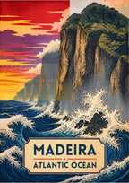 Mar Bravo — Madeira art print: a dramatic seascape of white-capped Atlantic waves breaking on black volcanic rocks below towering green-topped sea cliffs, under a crimson and purple sunset sky