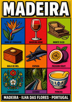 Nove Tesouros — Madeira art print: a nine-panel icon grid on a mustard ground showing a bird of paradise flower, a glass of Madeira wine, a Monte toboggan sled, bolo de mel, an espada fish, passion fruit, floral embroidery, a levada path and a cup of poncha
