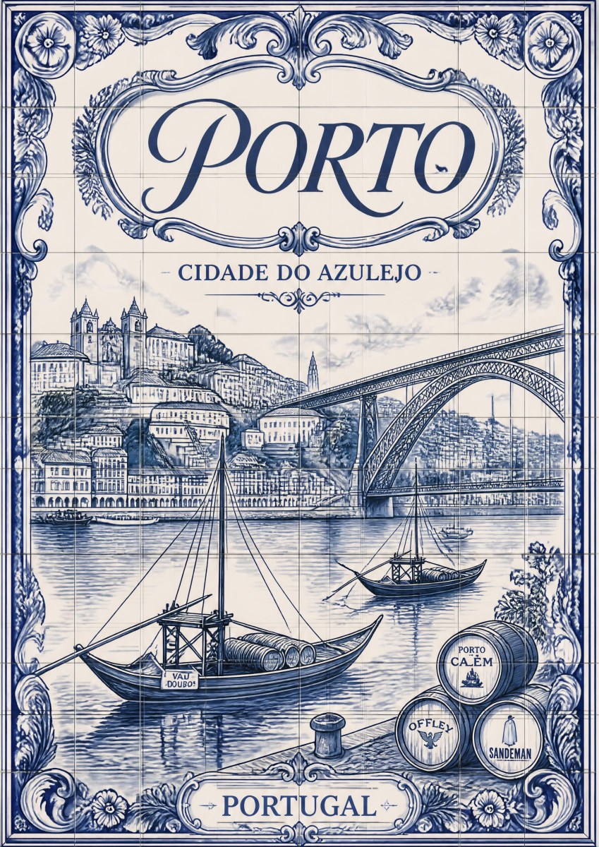 Azul e Branco — Porto art print: blue-and-white azulejo tile panel design of the Porto riverfront with sailing boats, the arched bridge and hillside city, framed by baroque scrollwork and port lodge medallions
