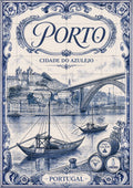 Azul e Branco — Porto art print: blue-and-white azulejo tile panel design of the Porto riverfront with sailing boats, the arched bridge and hillside city, framed by baroque scrollwork and port lodge medallions