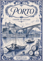 Azul e Branco — Porto art print: blue-and-white azulejo tile panel design of the Porto riverfront with sailing boats, the arched bridge and hillside city, framed by baroque scrollwork and port lodge medallions