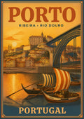 Barcos Rabelos — Porto art print: golden-toned poster of traditional rabelo boats with striped sails on the Douro, the tiered Ribeira houses and the iron Dom Luis I bridge rising behind at sunset