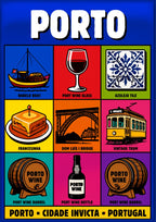 Cidade Invicta — Porto art print: pop-art grid of nine icons on blue - rabelo boat, glass of port, azulejo tile, francesinha, Dom Luis I bridge, yellow vintage tram, two port wine barrels and a port bottle