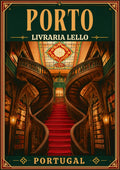 Escadaria Vermelha — Porto art print: warmly lit interior of Livraria Lello showing its curving red carpeted staircase, carved wooden bookshelves and stained-glass ceiling, on a dark green poster ground