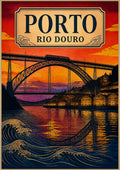 Por do Sol no Douro — Porto art print: woodblock-style sunset in scarlet and violet with the arched iron railway bridge silhouetted over the Douro, port wine lodges on the far bank and stylised waves in the foreground