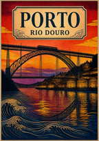 Por do Sol no Douro — Porto art print: woodblock-style sunset in scarlet and violet with the arched iron railway bridge silhouetted over the Douro, port wine lodges on the far bank and stylised waves in the foreground