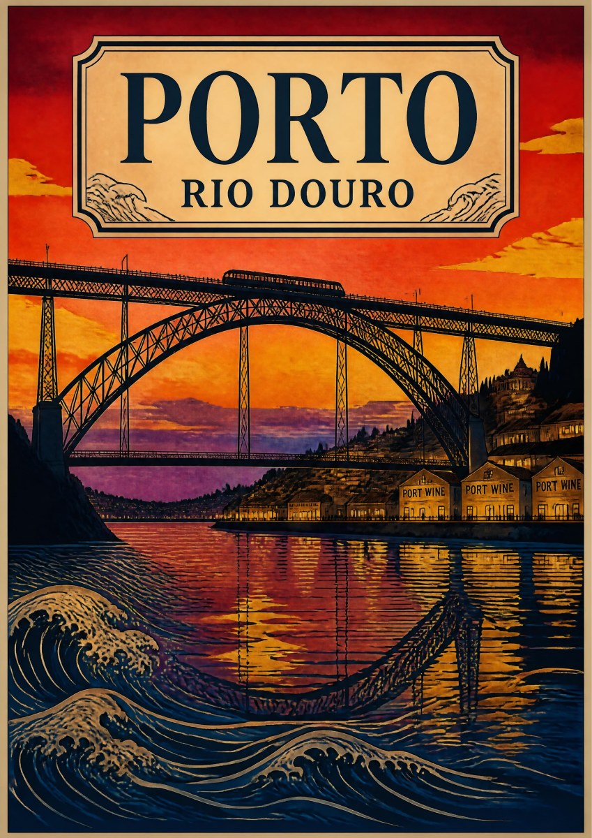 Por do Sol no Douro — Porto art print: woodblock-style sunset in scarlet and violet with the arched iron railway bridge silhouetted over the Douro, port wine lodges on the far bank and stylised waves in the foreground