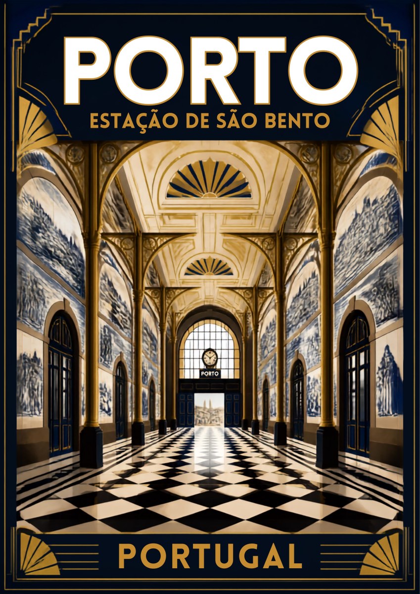 Salao de Sao Bento — Porto art print: symmetrical view down the Sao Bento station hall, its walls covered in blue-and-white azulejo panels, black-and-white chequered floor and an arched window at the far end