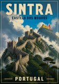 Castelo dos Mouros — Sintra art print: the Moorish Castle's crenellated walls snaking along a rocky ridge through drifting cloud, with the Pena Palace tower visible on the peak beyond and umbrella pines in the foreground