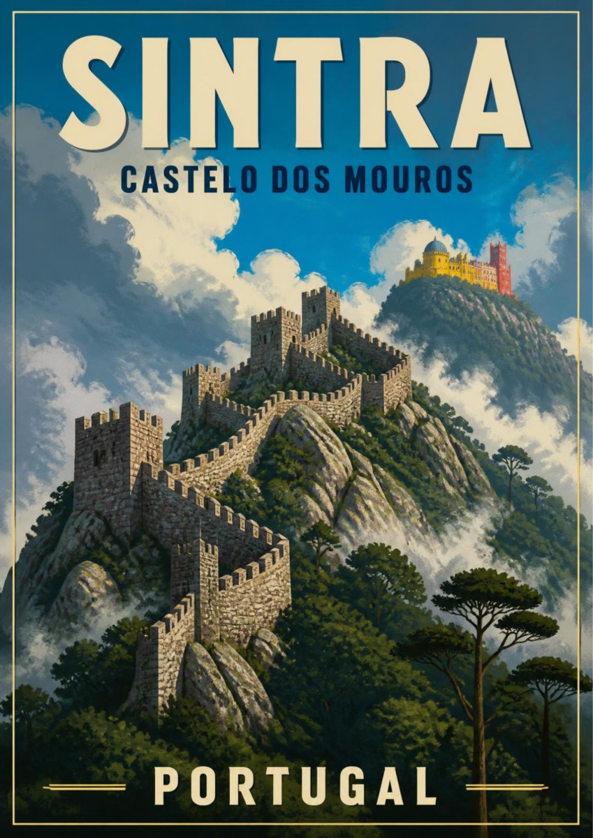 Castelo dos Mouros — Sintra art print: the Moorish Castle's crenellated walls snaking along a rocky ridge through drifting cloud, with the Pena Palace tower visible on the peak beyond and umbrella pines in the foreground