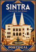 Chamines Reais — Sintra art print: art deco poster of the National Palace with its two huge white conical kitchen chimneys, Manueline windows, terracotta roofs and a stone fountain on the square, against a deep blue background