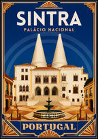 Chamines Reais — Sintra art print: art deco poster of the National Palace with its two huge white conical kitchen chimneys, Manueline windows, terracotta roofs and a stone fountain on the square, against a deep blue background