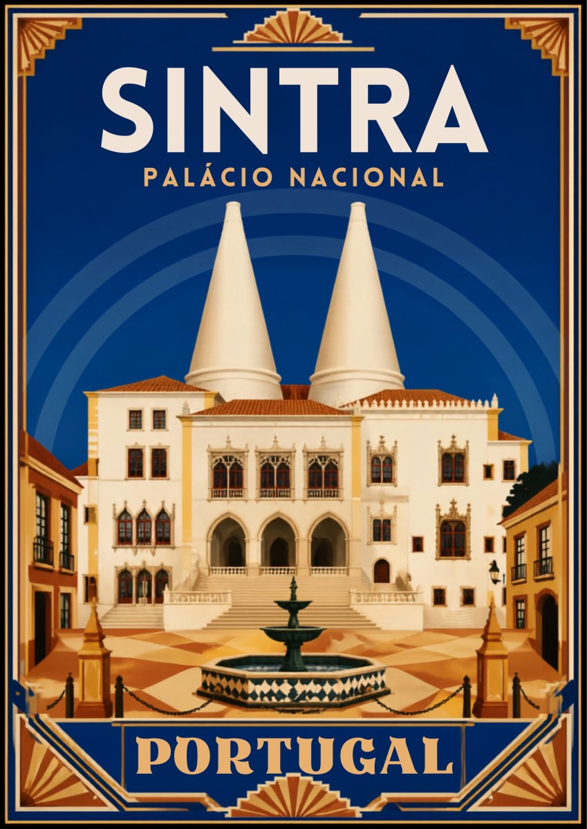 Chamines Reais — Sintra art print: art deco poster of the National Palace with its two huge white conical kitchen chimneys, Manueline windows, terracotta roofs and a stone fountain on the square, against a deep blue background