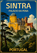 Palacio da Pena — Sintra art print: the Pena Palace on its wooded crag with yellow, red and grey towers and a domed turret, framed by dark pines and dense green forest under a blue sky with billowing clouds