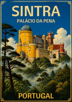 Palacio da Pena — Sintra art print: the Pena Palace on its wooded crag with yellow, red and grey towers and a domed turret, framed by dark pines and dense green forest under a blue sky with billowing clouds