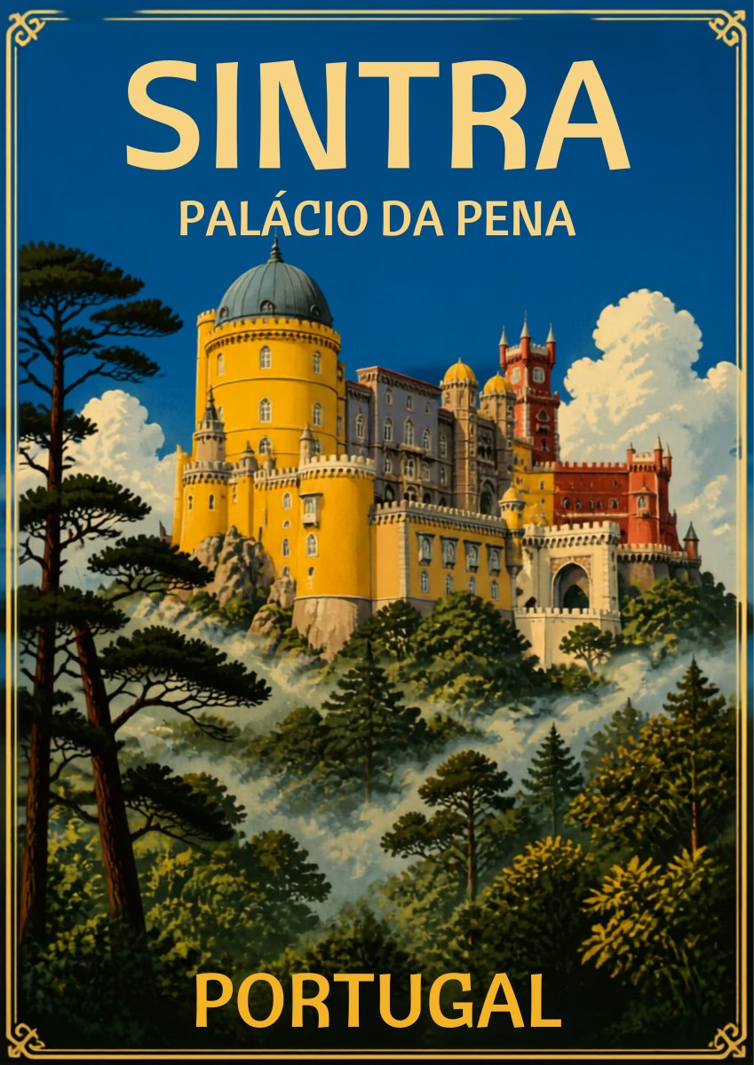 Palacio da Pena — Sintra art print: the Pena Palace on its wooded crag with yellow, red and grey towers and a domed turret, framed by dark pines and dense green forest under a blue sky with billowing clouds