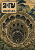 Poco Iniciatico — Sintra art print: looking straight down the spiralling stone Initiation Well at Quinta da Regaleira, its tiers of moss-covered arches receding to a compass star at the base, surrounded by ferns and trees in muted greens and greys