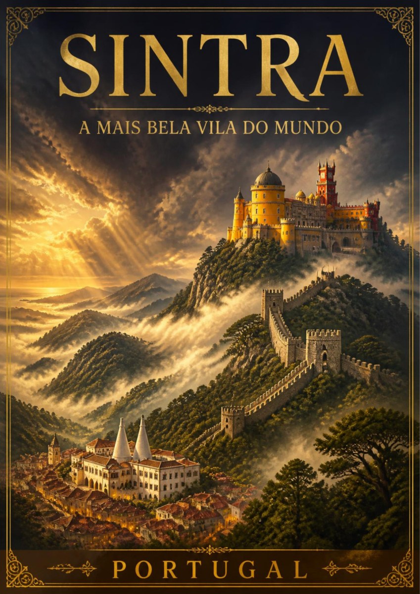 Serra Encantada — Sintra art print: golden light breaking over the misty Sintra hills, with the palace glowing on the summit, castle walls along the ridge and the white chimneys of the town below, in warm gold, amber and dusky green