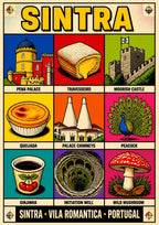 Vila Romantica — Sintra art print: retro comic-style grid of nine labelled Sintra emblems: Pena Palace, a travesseiro pastry, the Moorish Castle, a queijada tart, the palace chimneys, a peacock, a glass of ginjinha, the Initiation Well and a red fly agaric mushroom