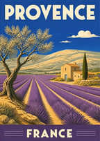 Champs de Lavande — Provence art print: rows of purple lavender running to a stone farmhouse and Mont Ventoux, olive tree and blue sky