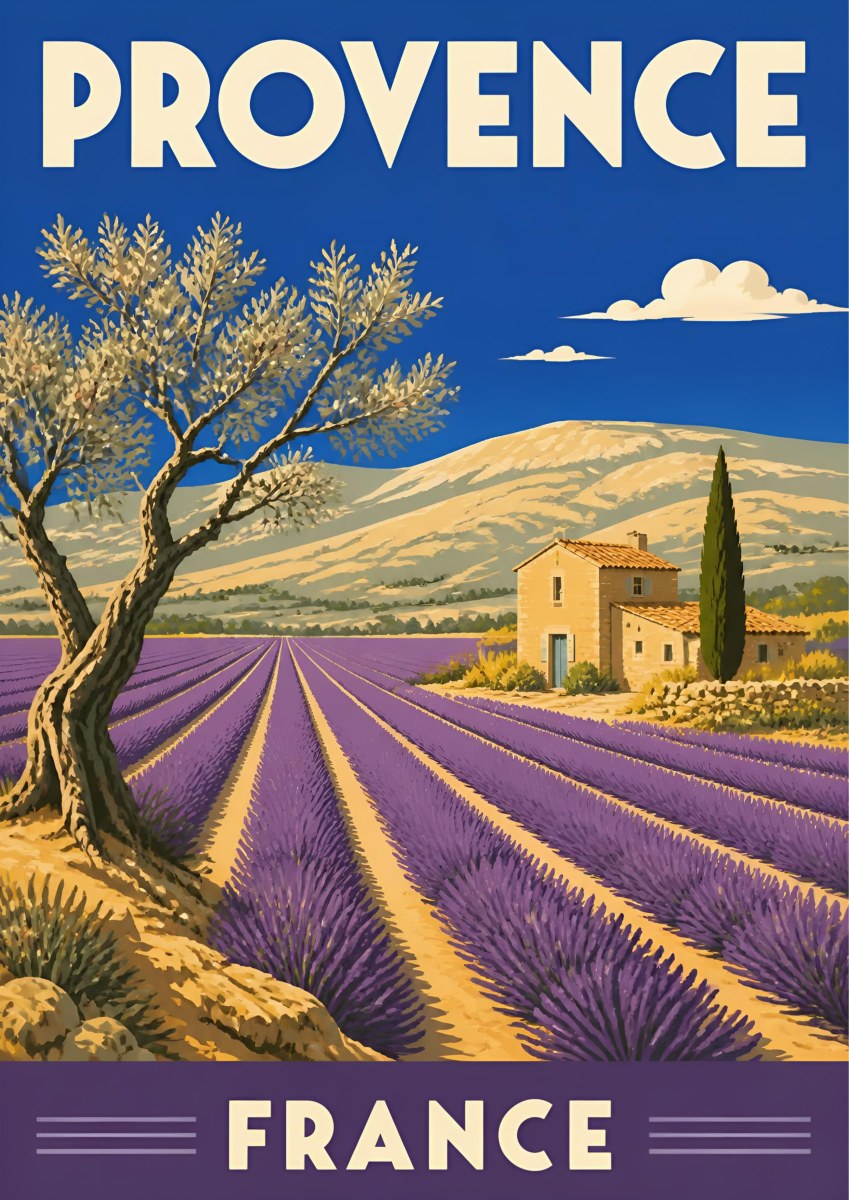 Champs de Lavande — Provence art print: rows of purple lavender running to a stone farmhouse and Mont Ventoux, olive tree and blue sky