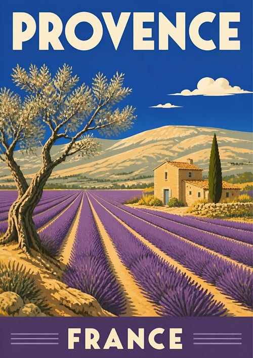 Champs de Lavande — Provence art print: rows of purple lavender running to a stone farmhouse and Mont Ventoux, olive tree and blue sky