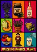 Marché de Provence — Provence art print: nine vivid panels of Provençal market goods - lavender, tapenade, rosé, melon, herbs, olives, tomatoes, pastis