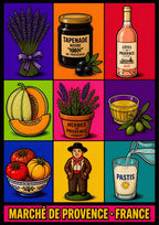 Marché de Provence — Provence art print: nine vivid panels of Provençal market goods - lavender, tapenade, rosé, melon, herbs, olives, tomatoes, pastis