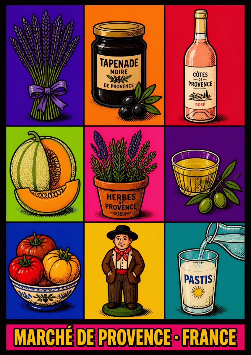Marché de Provence — Provence art print: nine vivid panels of Provençal market goods - lavender, tapenade, rosé, melon, herbs, olives, tomatoes, pastis