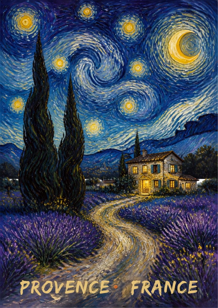 Nuit Étoilée — Provence art print: van Gogh-style swirling starry night over cypresses, a lit farmhouse and a lavender track, blues and yellows