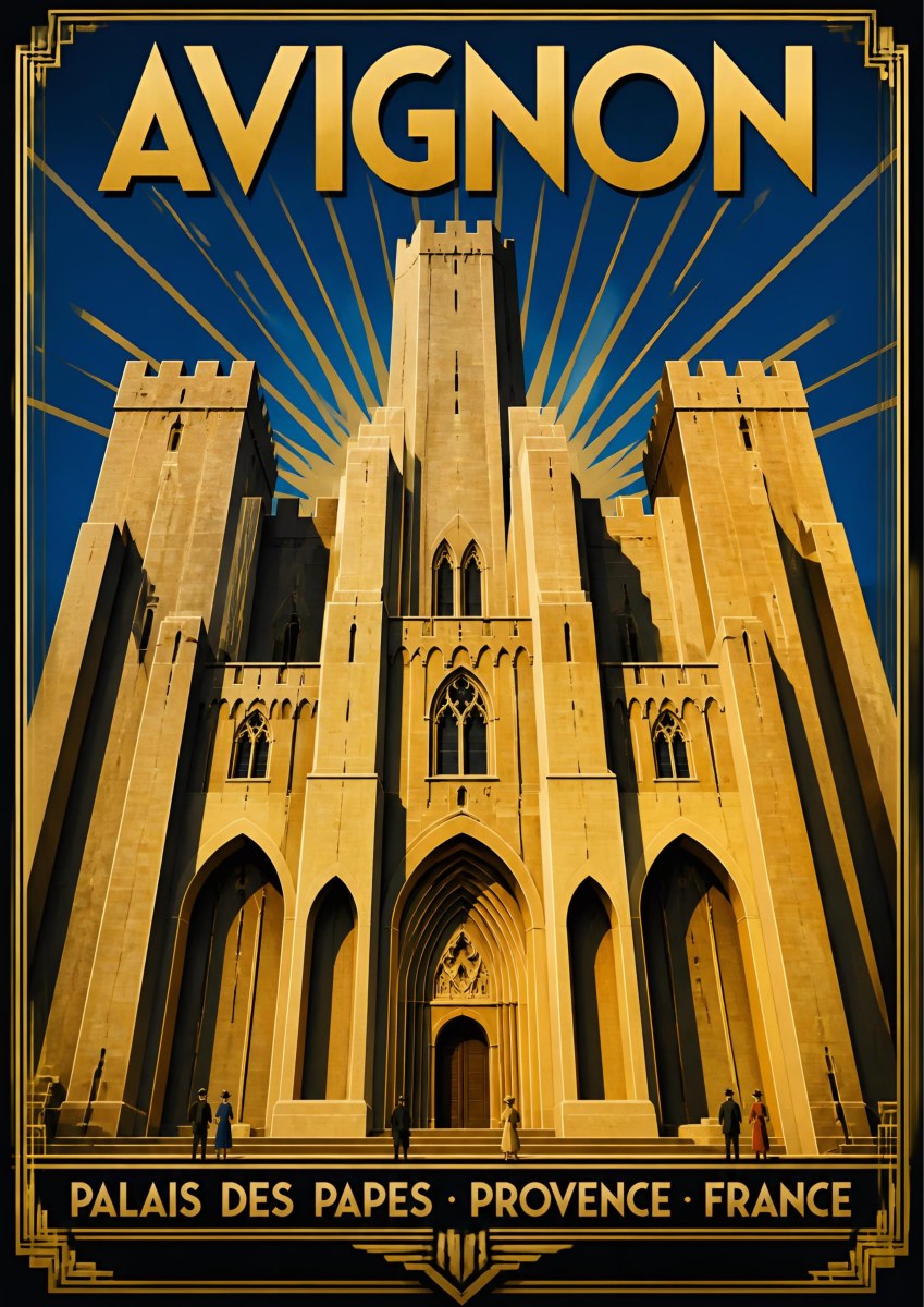 Palais des Papes — Provence art print: the gothic papal palace of Avignon in gold on midnight blue, art deco sunburst behind its towers