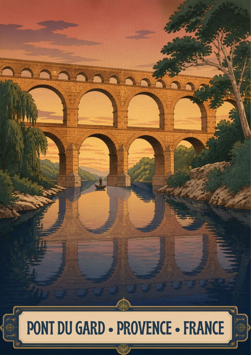 Pont du Gard — Provence art print: the Roman aqueduct reflected in still green water at dusk, warm ochre stone under a rose-red sky
