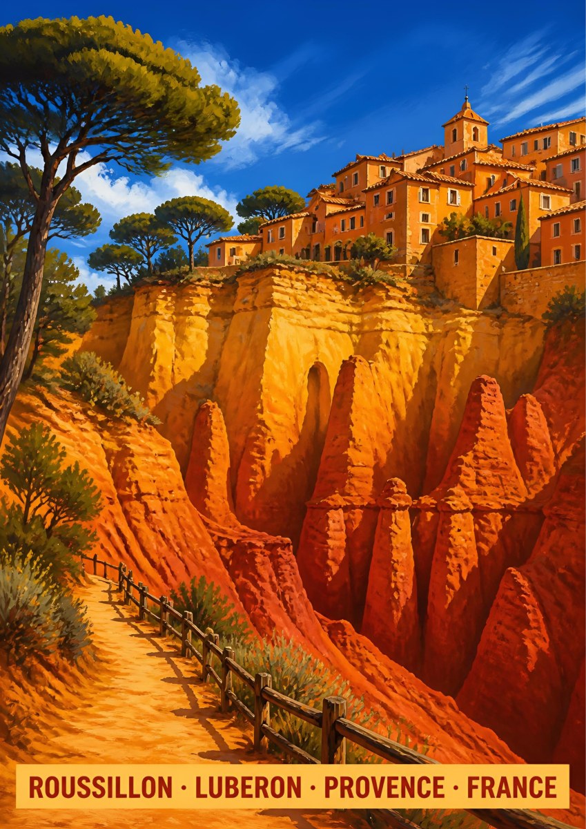 Roussillon — Provence art print: fiery orange and red ochre cliffs below the hilltop village of Roussillon, pines and bright blue sky