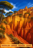 Roussillon — Provence art print: fiery orange and red ochre cliffs below the hilltop village of Roussillon, pines and bright blue sky