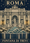 Fontana Di Trevi — Rome art print: the Trevi Fountain with Oceanus and sea horses at night, stylised navy and teal waves reflecting under a starry indigo sky