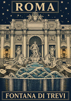 Fontana Di Trevi — Rome art print: the Trevi Fountain with Oceanus and sea horses at night, stylised navy and teal waves reflecting under a starry indigo sky