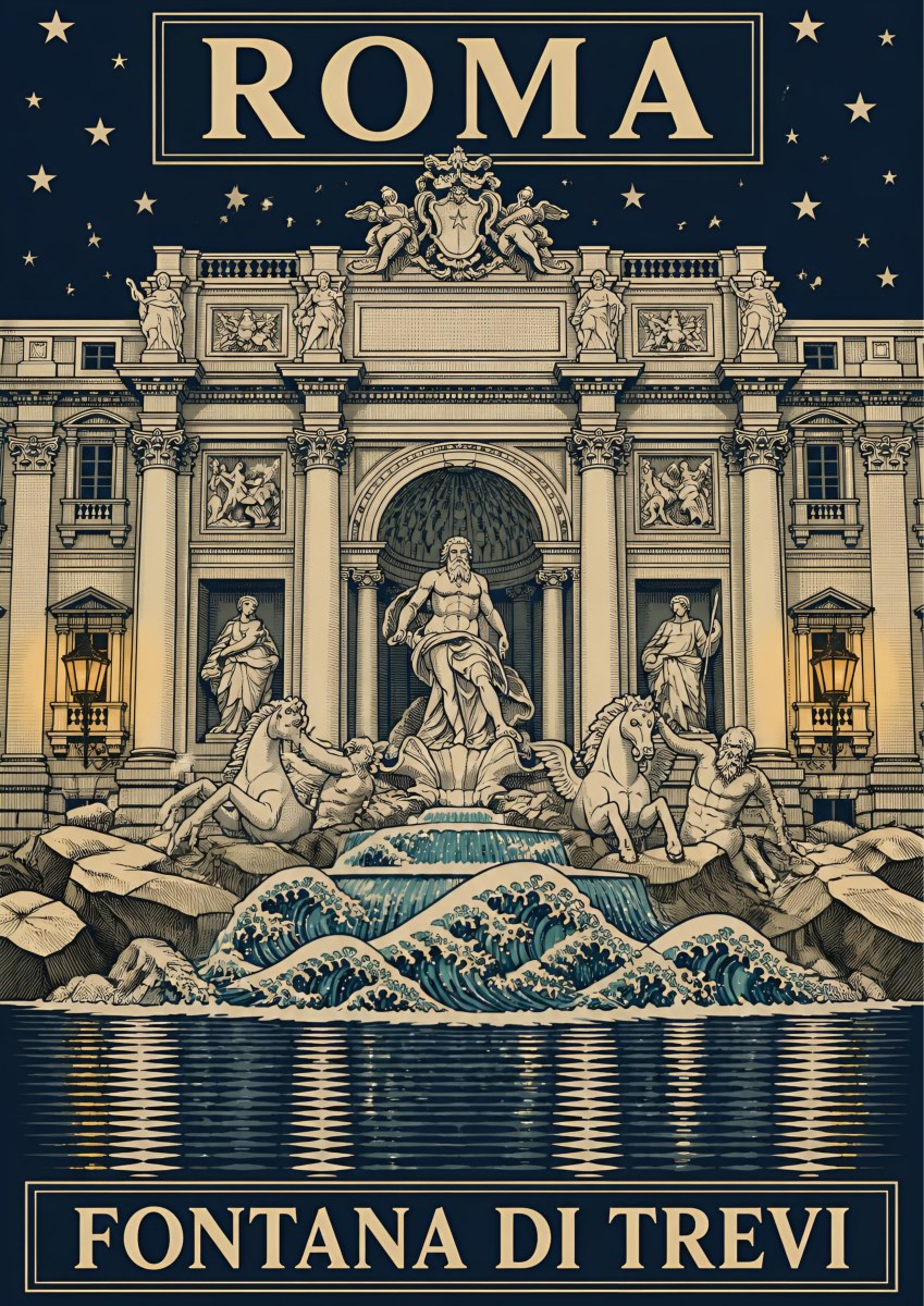 Fontana Di Trevi — Rome art print: the Trevi Fountain with Oceanus and sea horses at night, stylised navy and teal waves reflecting under a starry indigo sky