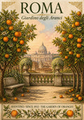 Giardino Degli Aranci — Rome art print: the Aventine orange garden framed by fruit-laden trees looking out to St Peter's dome; soft greens, oranges and pale sunset cream