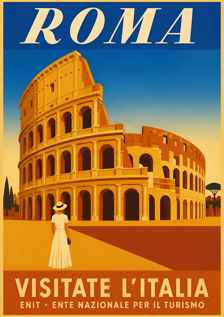 Il Colosseo — Rome art print: the Colosseum in golden ochre against a deep blue sky, with a woman in a white dress and straw hat on a terracotta plaza; ENIT 'Visitate l'Italia' banner