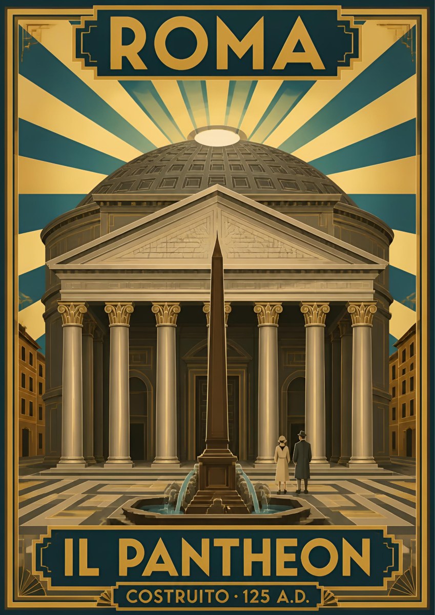 Il Pantheon — Rome art print: the Pantheon portico and dome with the obelisk fountain, art deco cream and teal sunburst rays behind