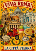 La Città Eterna — Rome art print: folk-art collage of Roman icons on yellow - Colosseum, St Peter's, Pantheon, a tabby cat, red Vespa, gelato, pasta and espresso