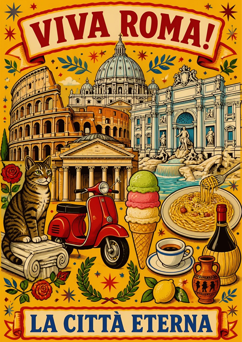 La Città Eterna — Rome art print: folk-art collage of Roman icons on yellow - Colosseum, St Peter's, Pantheon, a tabby cat, red Vespa, gelato, pasta and espresso